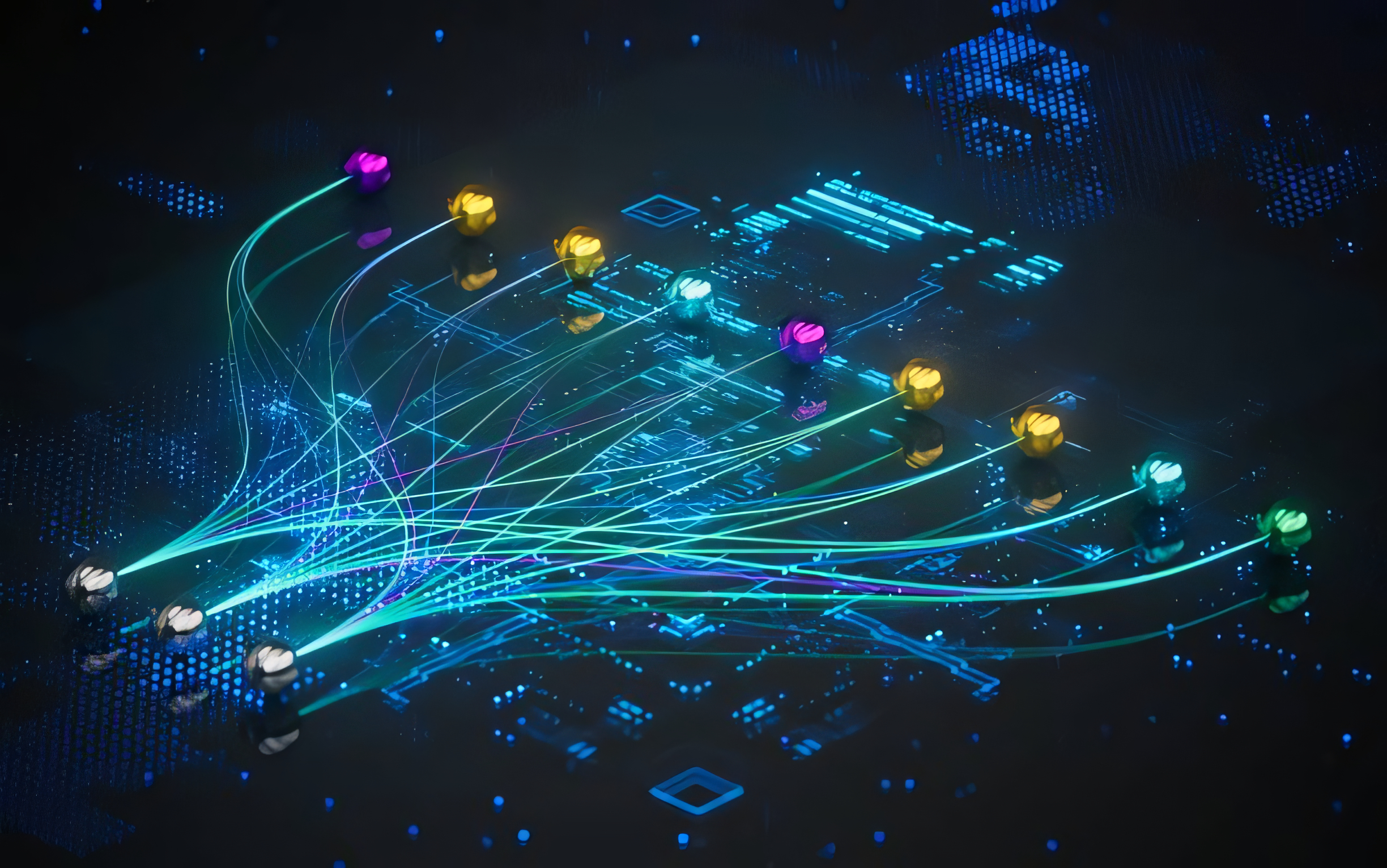 3D visualization of digital network with colorful nodes connected by glowing data flow trails