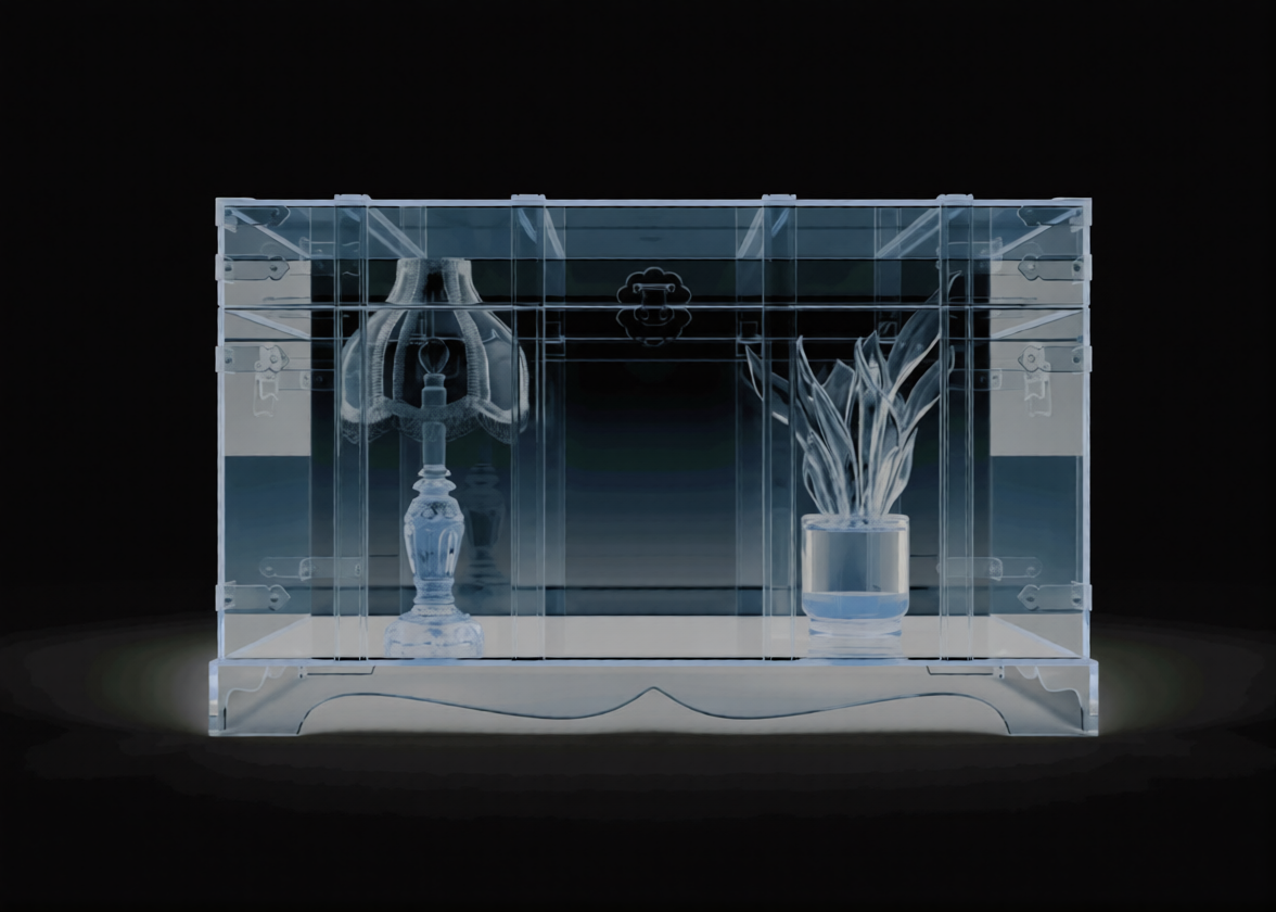 Futuristic glass display case with scientific flask and plant illuminated against dark background